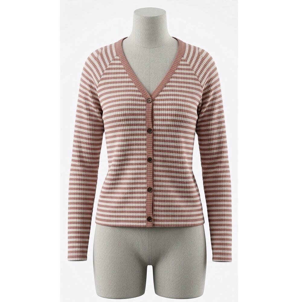 Madewell Button Up Cardigan XXS Mauve Brown Striped Waffle Knit Cotton Sweater